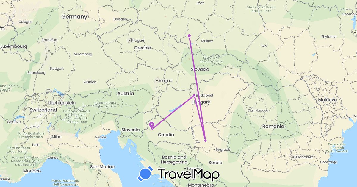 TravelMap itinerary: driving, train in Croatia, Hungary, Poland, Serbia (Europe)